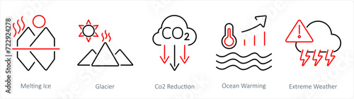A set of 5 climate change icons as melting ice, glacier, co2 reduction
