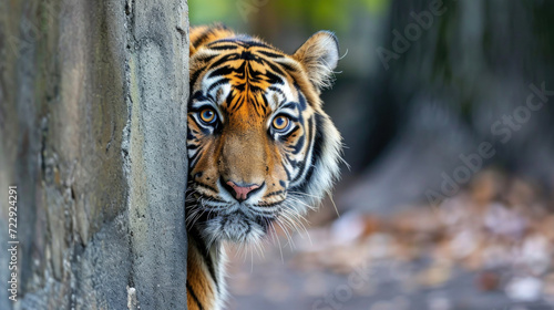 Male tiger peeks from behind a wall