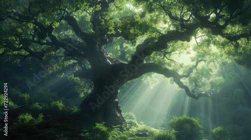 Majestic Ancient Oak: Sunlit Forest Sanctuary © Andrii 