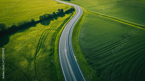 Aerial Tranquility: Highway Through Verdant Wheat Fields
