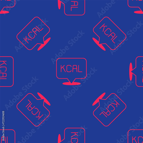 Red Kcal icon isolated on isolated seamless pattern on blue background. Health food. Vector