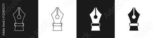 Set Fountain pen nib icon isolated on black and white background. Pen tool sign. Vector