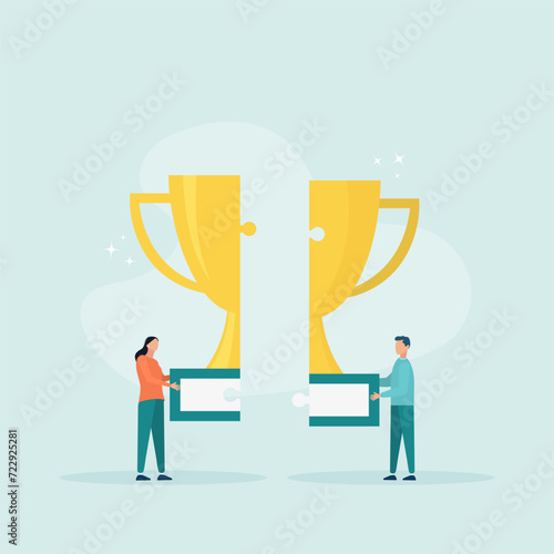 Win-win situation, agreement or solution to win together, solution to achieve the best result, teamwork to achieve success and achieve a goal together. Vector illustration. A guy and a girl are each h