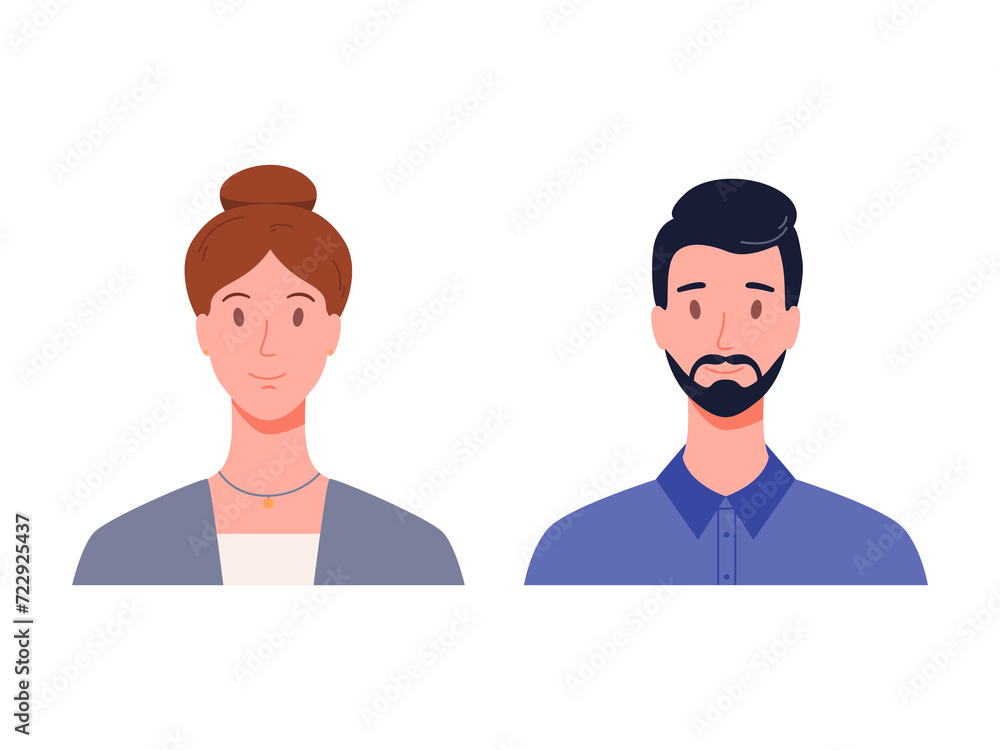 Portrait of man and woman, front view. Modern flat Illustration on transparent background Portrait of man and woman, front view. Modern flat Illustration on transparent background