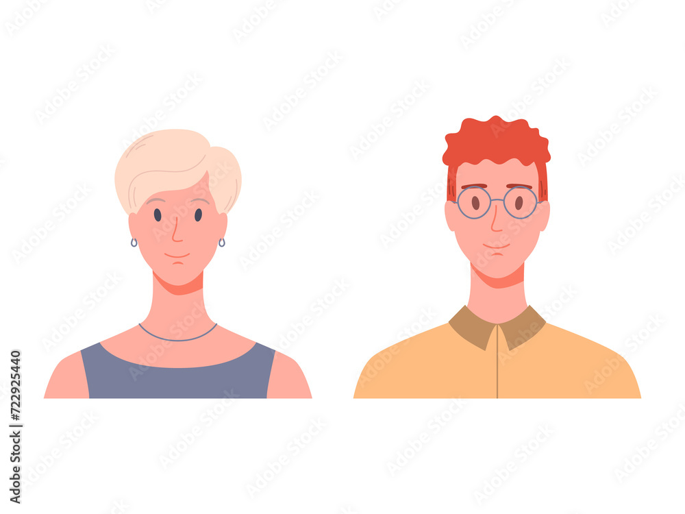 Portrait of man and woman, front view. Modern flat Illustration on transparent background Portrait of man and woman, front view. Modern flat Illustration on transparent background