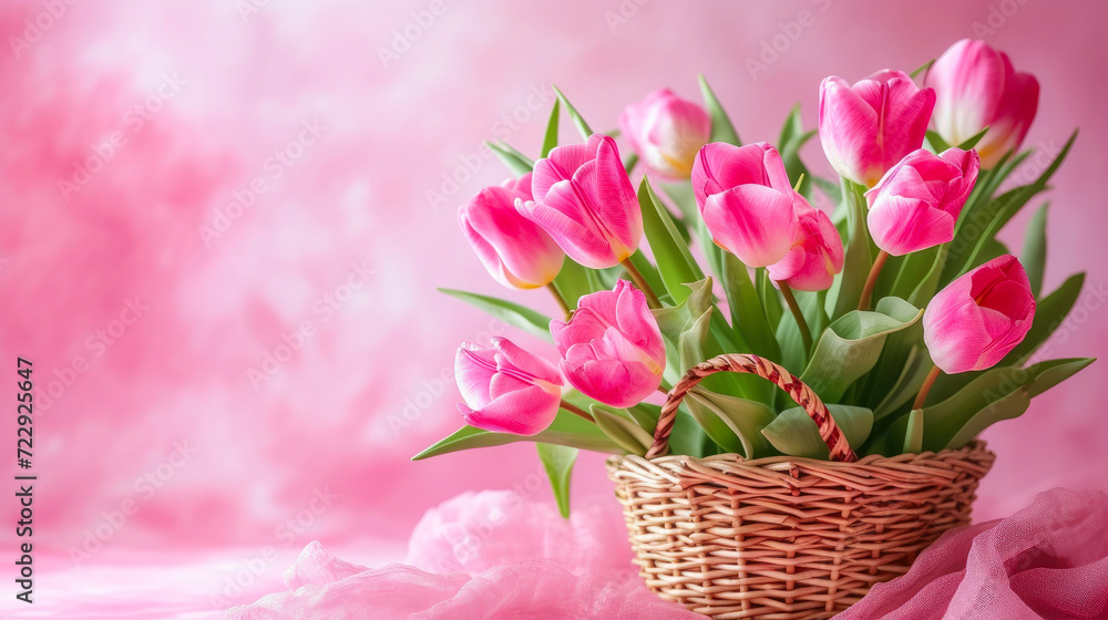 Blooming Beauty: Pink Tulips in a Spring Basket
