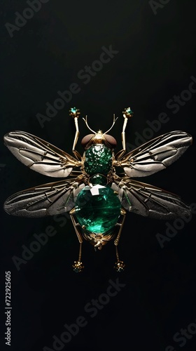 Green fly insect made out of emerald and gold, black background photo