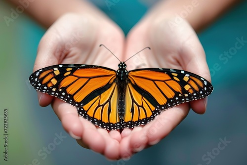 Orange monarch butterfly in female hands photo