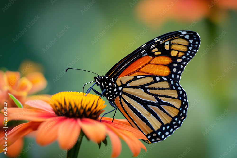 Orange monarch butterfly on the flower on blurred background Orange monarch butterfly on the flower on blurred background