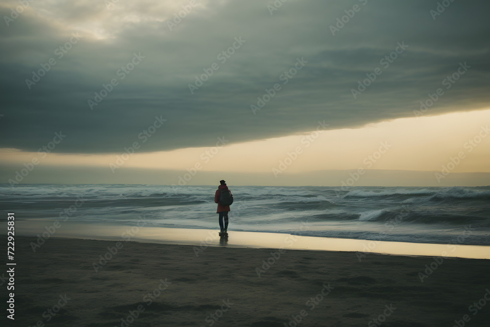 Concept photo shoot of a lonely person in overcast, cloudy weather