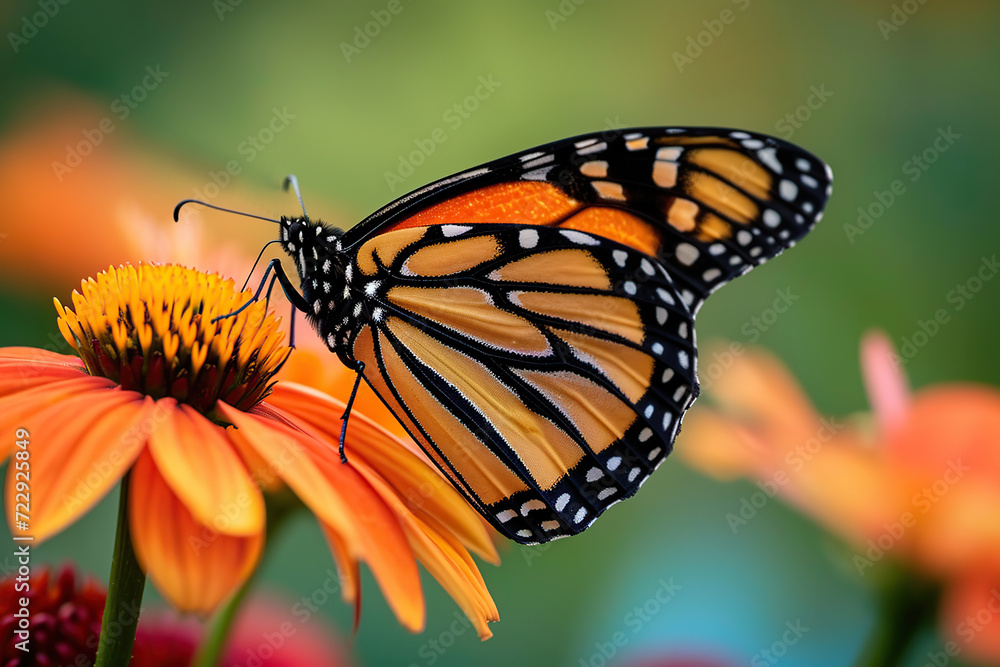 Orange monarch butterfly on the flower on blurred background Orange monarch butterfly on the flower on blurred background
