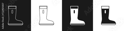 Set Waterproof rubber boot icon isolated on black and white background. Gumboots for rainy weather, fishing, gardening. Vector
