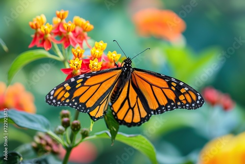 Orange monarch butterfly on the flower on blurred background © Alina