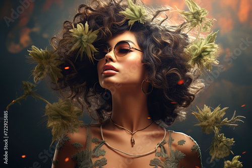 portrait of a girl with marijuana cannabis leaves. Concept of medical use of ganja and relaxation