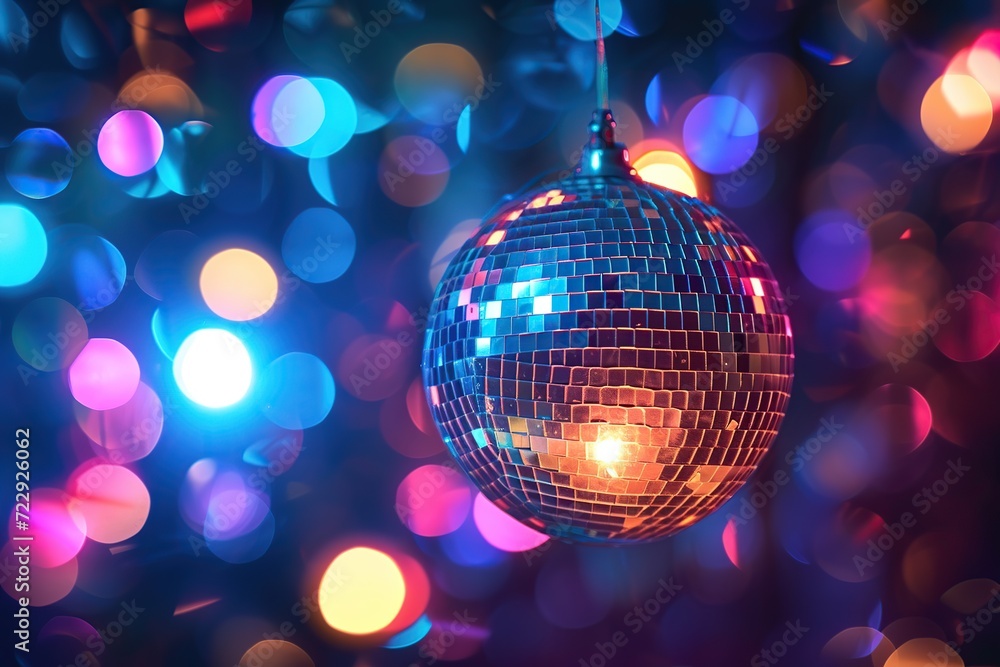 Colorful disco ball party on blurred lights background Colorful disco ball party on blurred lights background