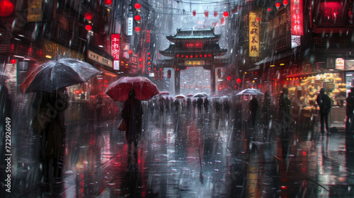 Rainy Day Commute: Asian Urban Scene