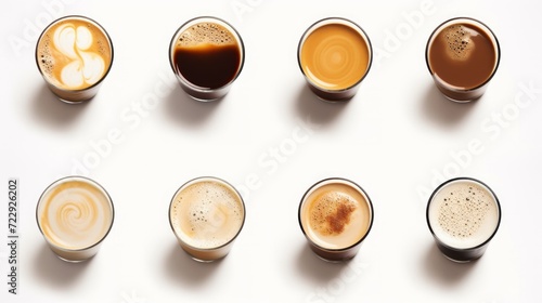 Many cups with tasty aromatic coffee on white background. Neural network AI generated art