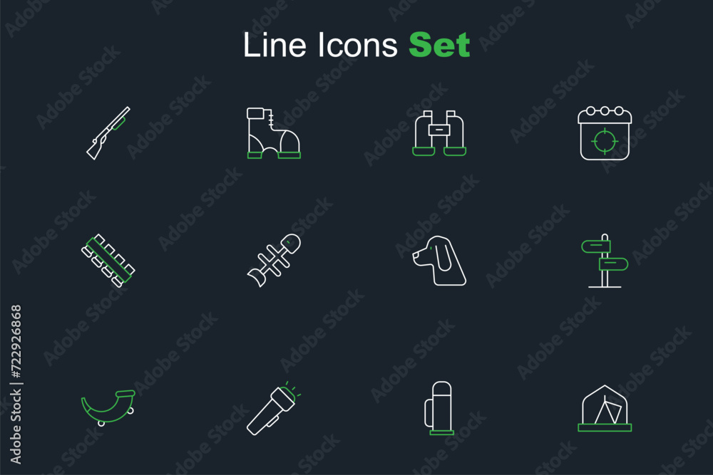 Set line Tourist tent, Thermos container, Flashlight, Hunting horn, Road traffic sign, dog, Dead fish and cartridge belt icon. Vector Set line Tourist tent, Thermos container, Flashlight, Hunting horn, Road traffic sign, dog, Dead fish and cartridge belt icon. Vector