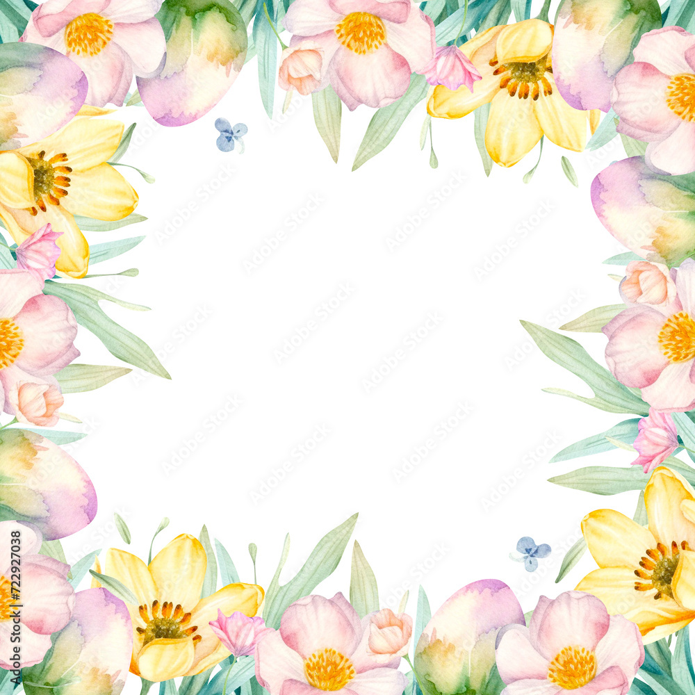 Frame with pink eggs, white flowers and green leaves in watercolor vintage style. Easter background in watercolor vintage style for photos or posts in social networks 
