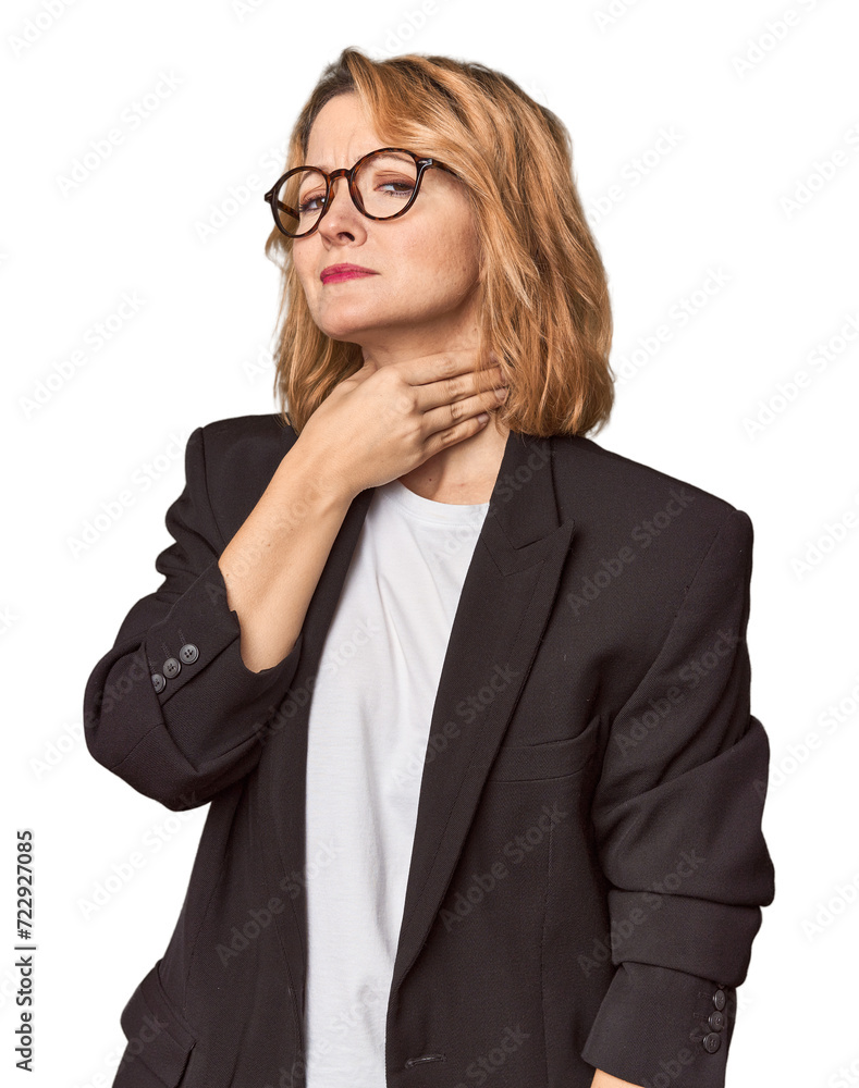 Caucasian woman in black business suit suffers pain in throat due a virus or infection. Caucasian woman in black business suit suffers pain in throat due a virus or infection.