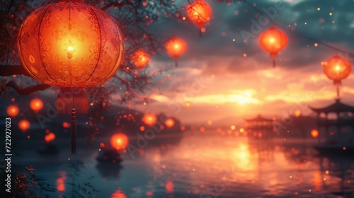 People celebrate Lantern Festival. Shangyuan Chinese Fest. Beautiful Magical flying lanterns in colorful sky. China holiday background. Asia cultural tradition. Asian light lamps. Romantic evening. photo