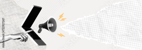 Trendy Halftone Collage Laptop with Megaphone and torn paper edge. Promotion banner with space for your design. Social media announcing and marketing. Online news. Concept of work and advertising