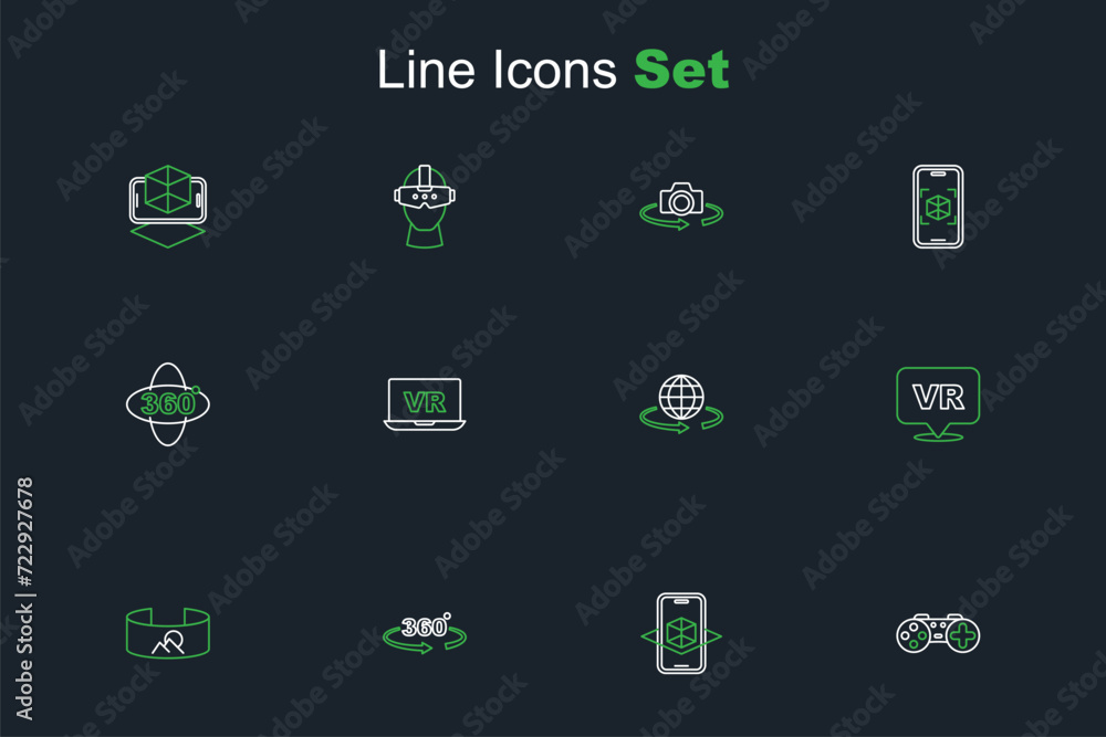 Set line Gamepad, 3d modeling, 360 degree view, Virtual reality, and icon. Vector