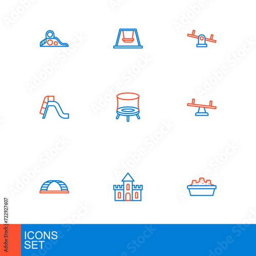 Set line Sandbox with sand, castle, Monkey bar, Seesaw, Slide playground, Jumping trampoline, and Ferris wheel icon. Vector
