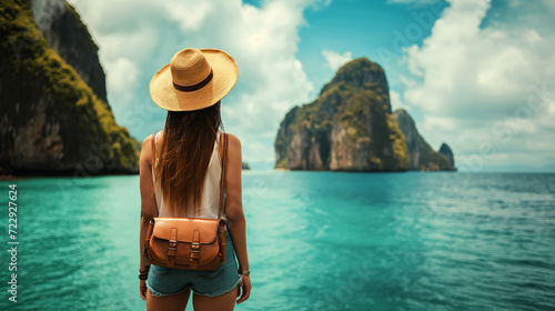 Young woman traveler in hat and shorts with backpack looking at beautiful tropical island on background. © Vitalii