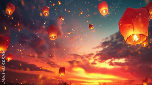 People celebrate Lantern Festival. Shangyuan Chinese Fest. Beautiful Magical flying lanterns in colorful sky. China holiday background. Asia cultural tradition. Asian light lamps. Romantic evening. photo