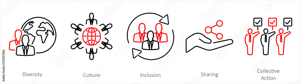 A set of 5 Community icons as diversity, culture, inclusion A set of 5 Community icons as diversity, culture, inclusion