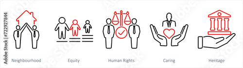 A set of 5 Community icons as neighbourhood, equity, human rights