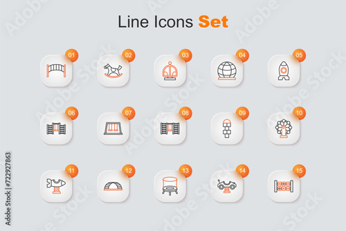 Set line Education logic game, Swing car, Jumping trampoline, Monkey bar, plane, for kids, Hopscotch and Swedish wall icon. Vector