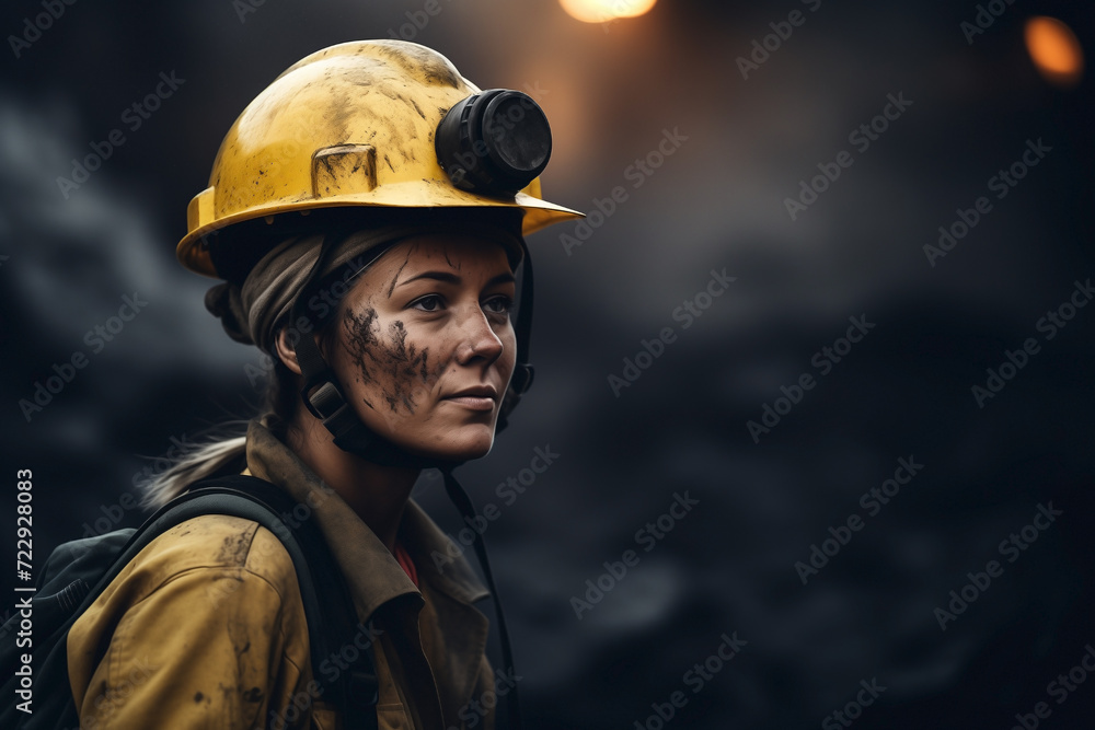 Fototapeta premium Miner woman professional mining worker working in the mine. Excavation operation with work clothes and hard safety helmet.