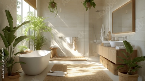 A Scandinavian-style bathroom adorned with light wood furnishings  clean lines  and pops of greenery  evoking a sense of serene simplicity and natural beauty.