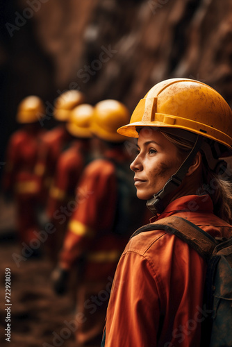 Miner woman professional mining worker working in the mine. Excavation operation with work clothes and hard safety helmet.