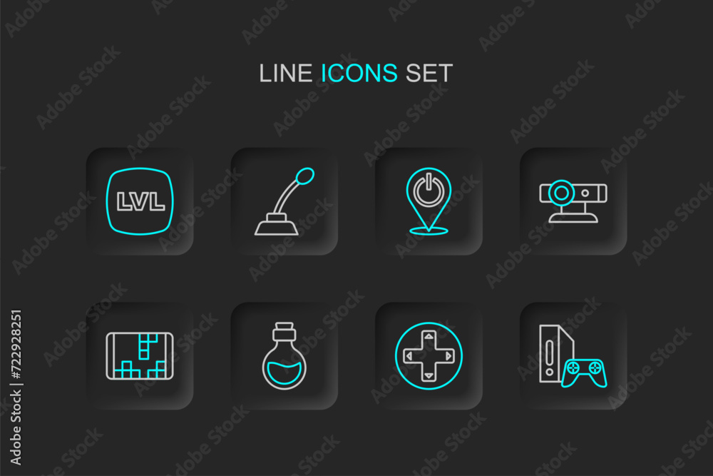 Set line Game console with joystick, controller or, Bottle magic elixir, Portable video game, Web camera, Power button, Microphone and Level icon. Vector Set line Game console with joystick, controller or, Bottle magic elixir, Portable video game, Web camera, Power button, Microphone and Level icon. Vector
