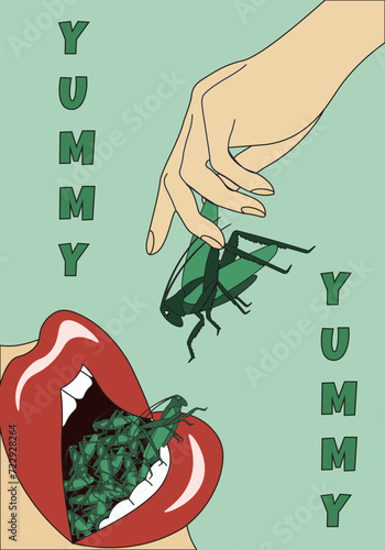 Design Entomophagy banner. Yummy Grasshoppers. Insects eco friendly alternative meat. Vector illustration. EPS 10. Editable stroke