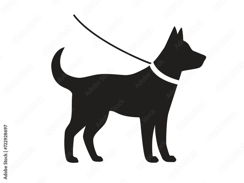 Black silhouette of a dog in a collar with a leash, full length, side view. Vector illustration isolated on a white background