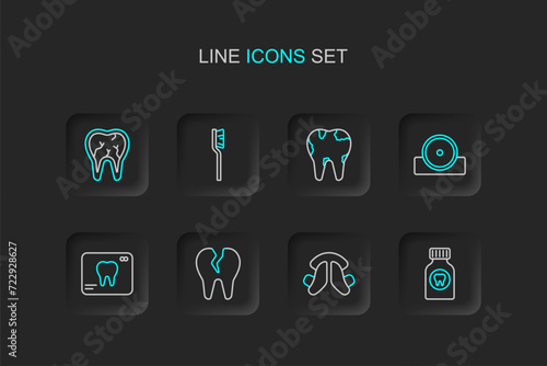 Set line Toothache painkiller tablet, Dental tooth plate, Broken, X-ray of, Otolaryngological head reflector, Toothbrush and icon. Vector