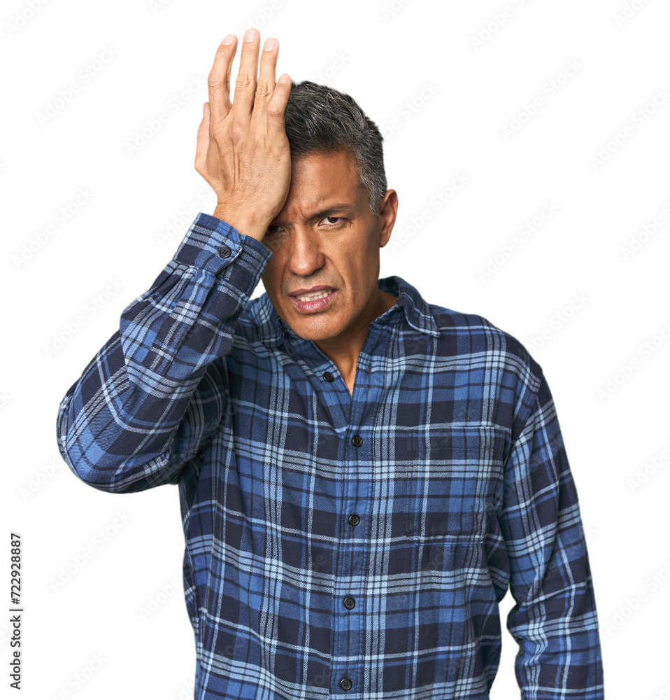 Middle-aged Latino man forgetting something, slapping forehead with palm and closing eyes. Middle-aged Latino man forgetting something, slapping forehead with palm and closing eyes.