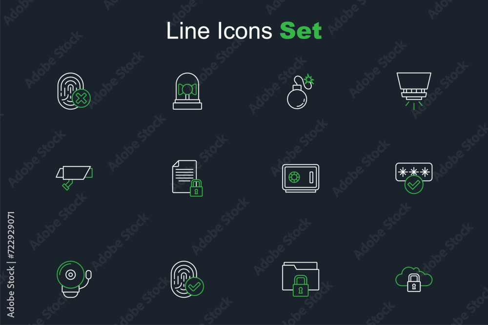 Set line Cloud computing lock, Folder and, Fingerprint, Ringing alarm bell, Password protection, Safe, Document and Security camera icon. Vector Set line Cloud computing lock, Folder and, Fingerprint, Ringing alarm bell, Password protection, Safe, Document and Security camera icon. Vector