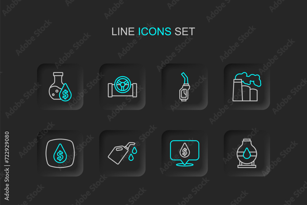 Set line Oil tank storage, drop with dollar symbol, Canister for motor machine oil, and gas industrial factory, Gasoline pump nozzle, pipe valve and petrol test tube icon. Vector Set line Oil tank storage, drop with dollar symbol, Canister for motor machine oil, and gas industrial factory, Gasoline pump nozzle, pipe valve and petrol test tube icon. Vector