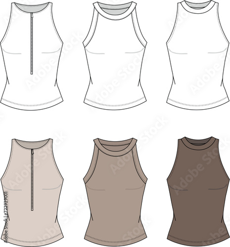 cropped tank technical fashion illustration set with scoop neck, close fit, tunic length. Flat outwear basic camisole apparel template front back white color. Women girl shirt top CAD mockup. tank top
