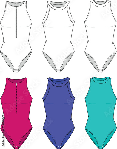 Straps Bodysuit fashion flat technical drawing template. Girls Bodysuit template, sleeveless, round neck, fashion CAD mockup.Wetsuit, swimsuit surfing. Sleeveless bodysuit with zipper on front.