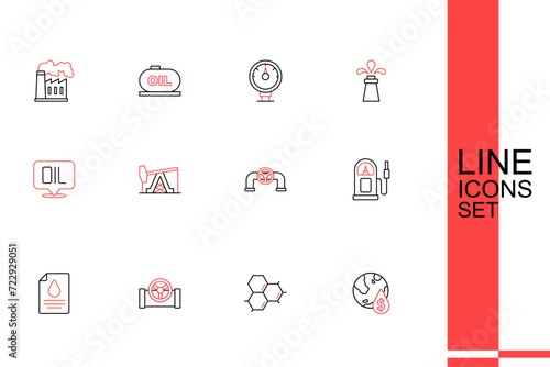 Set line Oil drop with dollar symbol, Molecule oil, pipe valve, Contract money and pen, Petrol or gas station, pump pump jack and Word icon. Vector