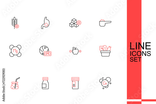 Set line Calcium, Vitamins, Fresh smoothie, Shopping bag and food, Calorie calculator, GMO and Magnesium icon. Vector