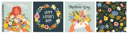 Happy Women's Day March 8! Cute cards and posters for the spring holiday. Vector illustration of a date, a women and a bouquet of flowers!