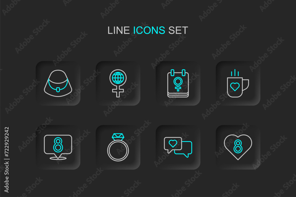 Set line Heart with 8 March, in speech bubble, Diamond engagement ring, Coffee cup and heart, Calendar, International Women Day and Handbag icon. Vector Set line Heart with 8 March, in speech bubble, Diamond engagement ring, Coffee cup and heart, Calendar, International Women Day and Handbag icon. Vector