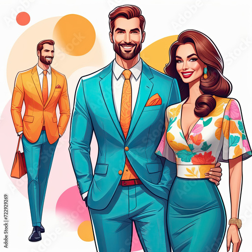 A man and a woman are walking together in an embrace, a man is walking behind, 80s style. Couple relationships, love and trust